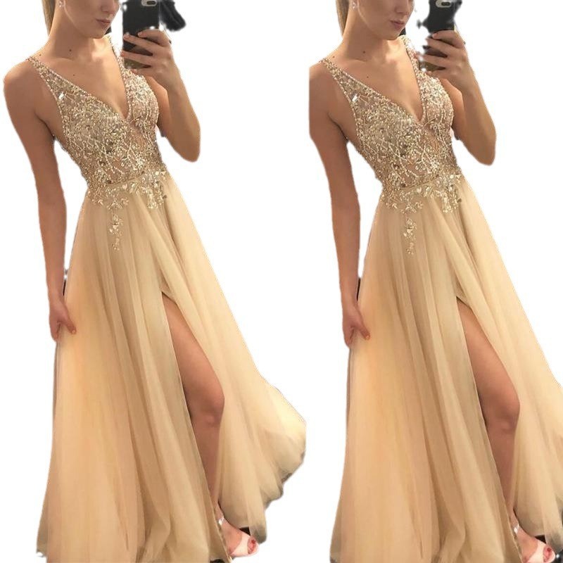 Gold V-neck Stitching Dress Party